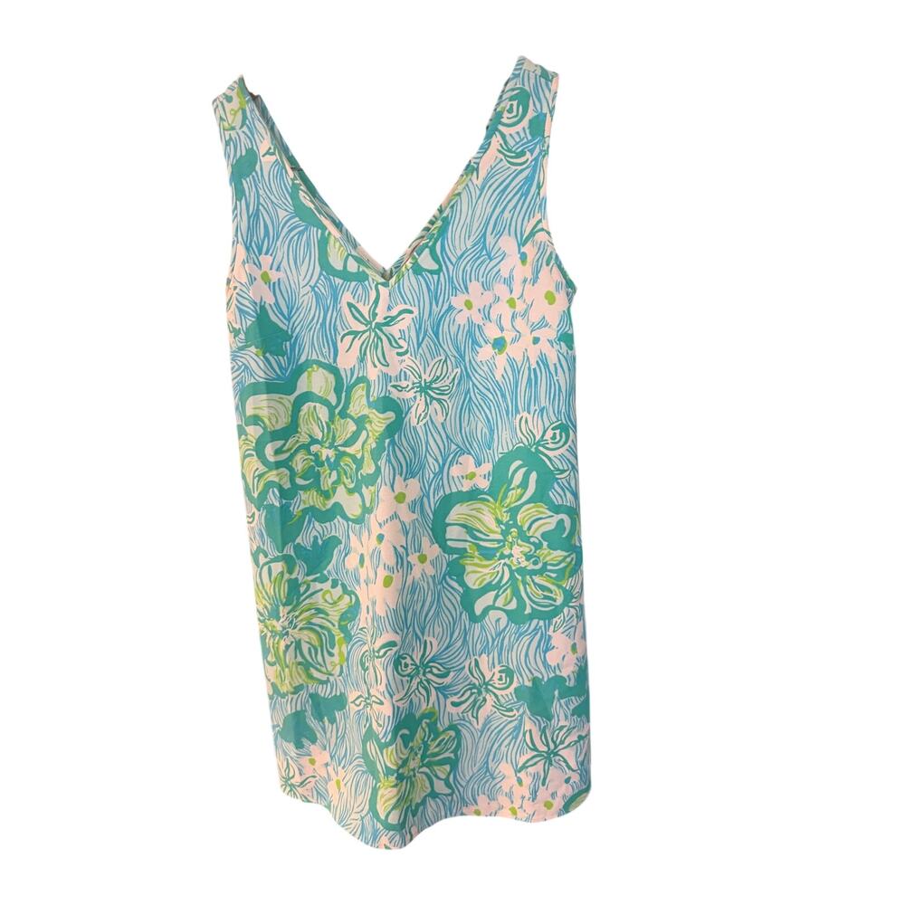 Lilly Pulitzer Calissa dress distinctive Wave Rider pattern in vibrant lagoon